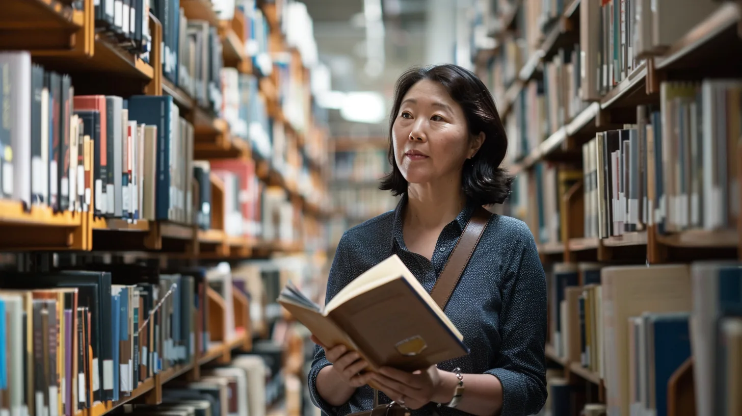 A Korean American librarian-styled woman among floor-to-ceiling shelves of finance books holding one open hardback