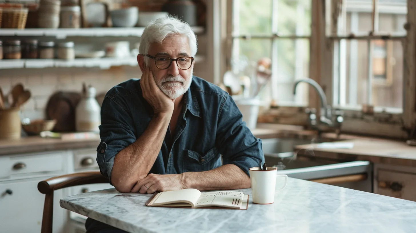 A white-haired American man at a sunlit marble kitchen island reviewing a paper notebook of figures
