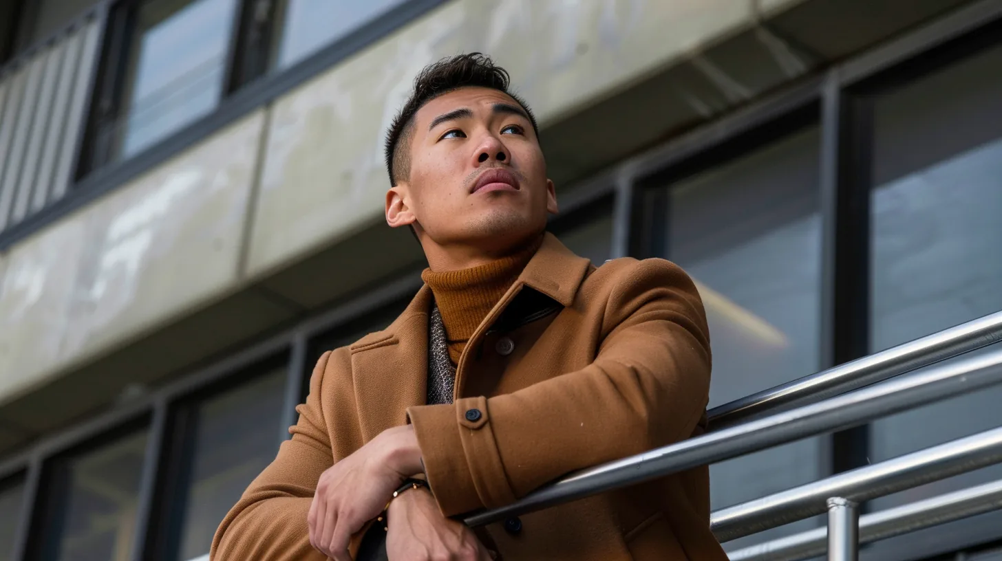 A young Pacific Islander man leaning thoughtfully on a brushed steel handrail