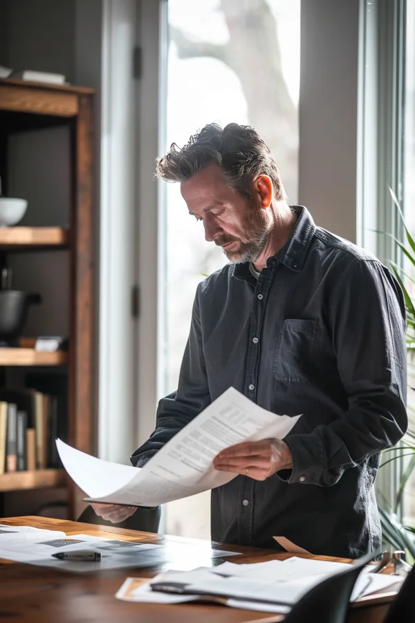 An American man at a clean home desk reviewing paperwork in soft window light