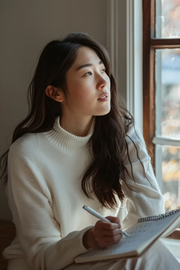 A young Korean American woman at a window seat planning monthly amounts in a paper planner