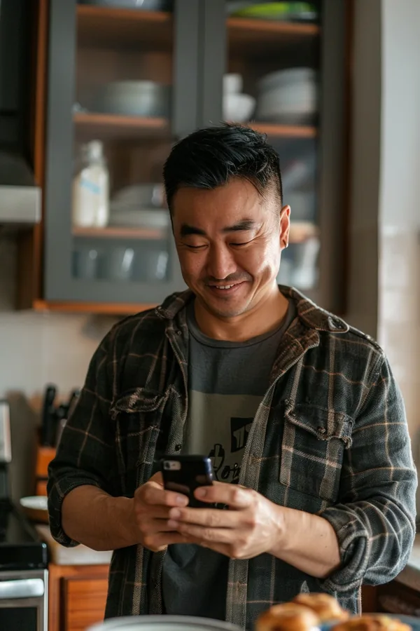 An Asian American man in his kitchen looking at his phone with a small exhale of relief after approval